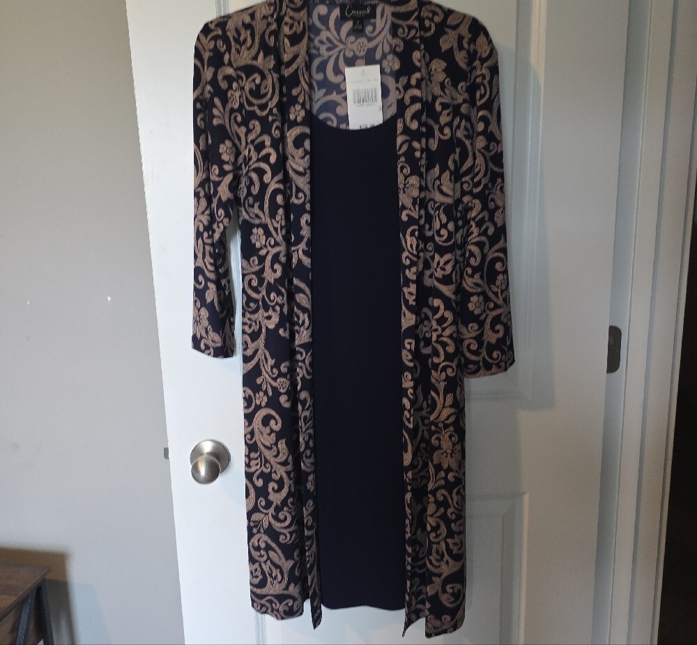 connected apparel Black Dress with Beige Floral-Patterned Duster - Picture 9 of 15